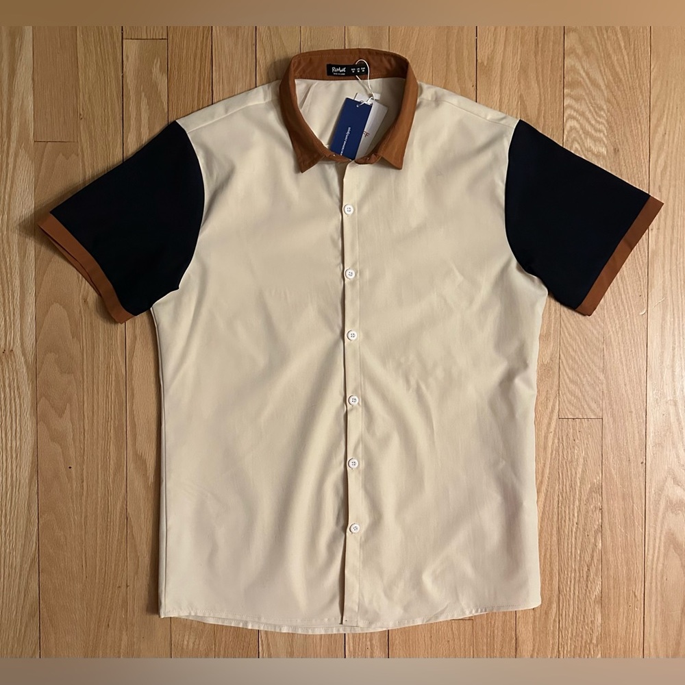 Romwe NWT Men’s Beige Black Brown Colorblock Short-Sleeved Button Shirt, Medium